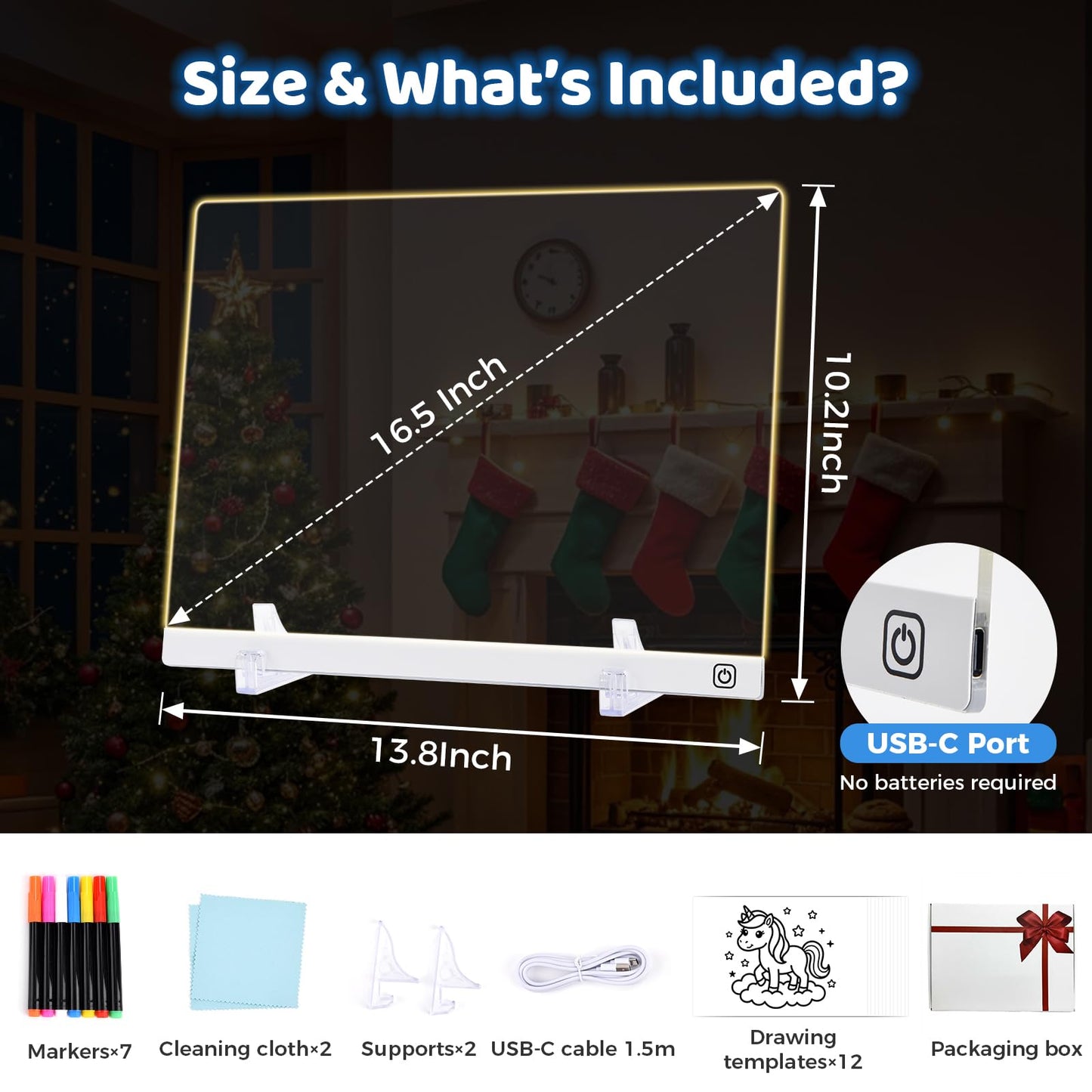 16.5" Led Drawing Board for Kids, Light Up Drawing Pad, Dry Erase Note Board with 12 Light Effects, Glow Doodle Board with 7 Markers | Screen-Free Creative Fun | Christmas Birthday Gift for Girls Toys