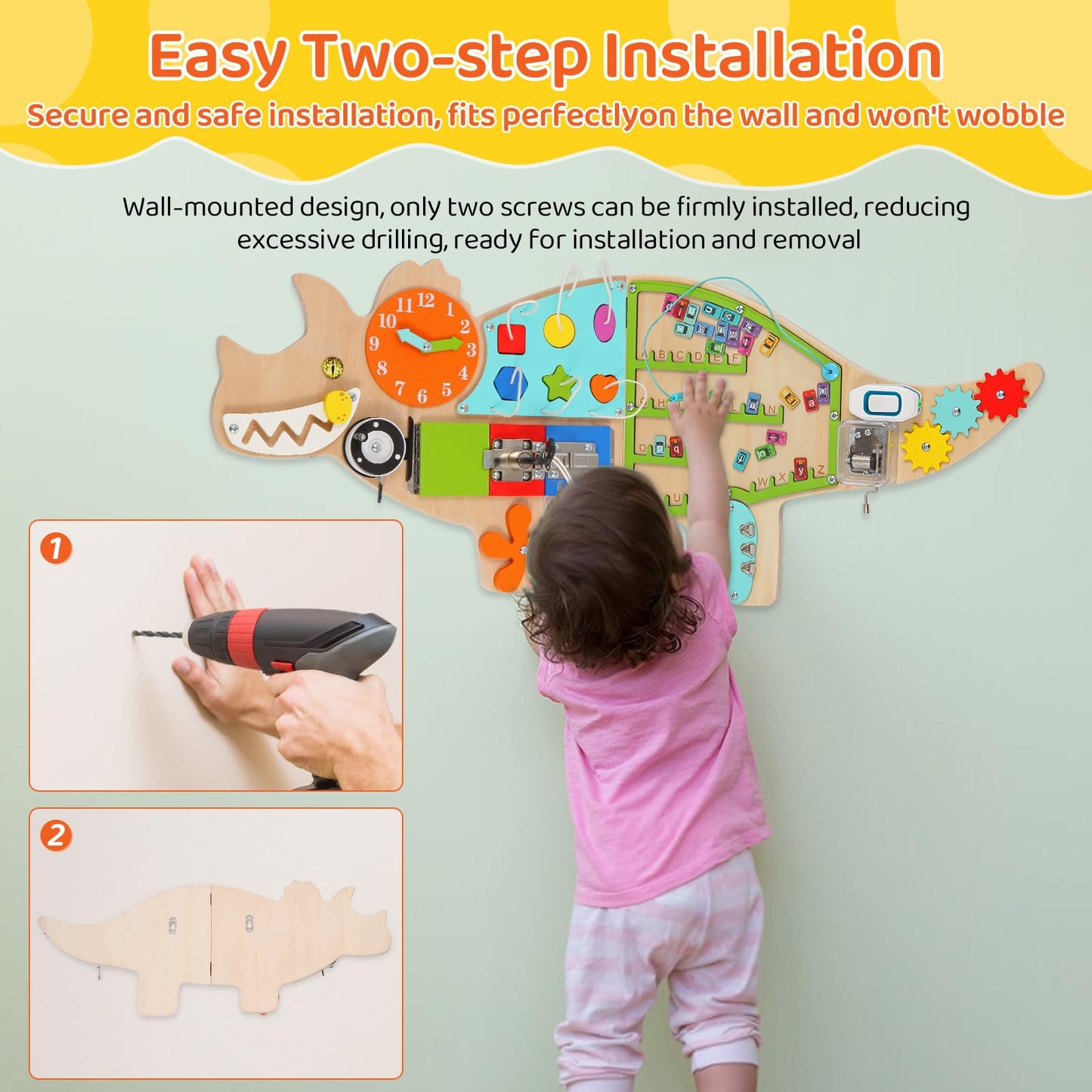 FIIOEOY Dinosaur Activity Wall Busy Board Panels, 11-in-1 Montessori Sensory Wall Panel for Kids, Toddler Learning Activity Center, Perfect for Playroom Daycare Nursery Classroom