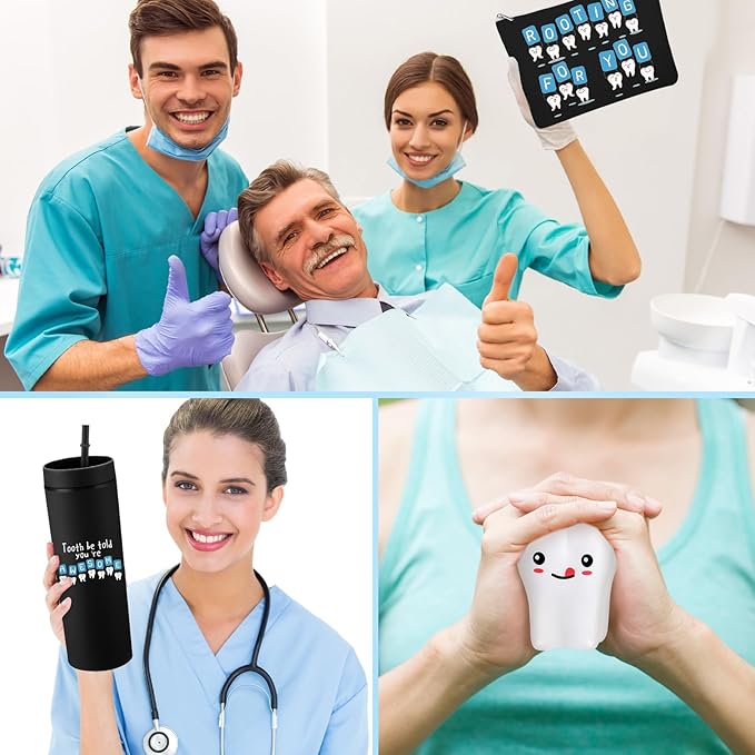 Skylety 3 Pcs Dental Hygiene Month Gifts Dental Assistant Hygienist Appreciation Gift 16oz Tumbler with Lid Cute Teeth Makeup Bag Stress Toy Employee Thank You Dentist Coworker Nurse Student(Black)