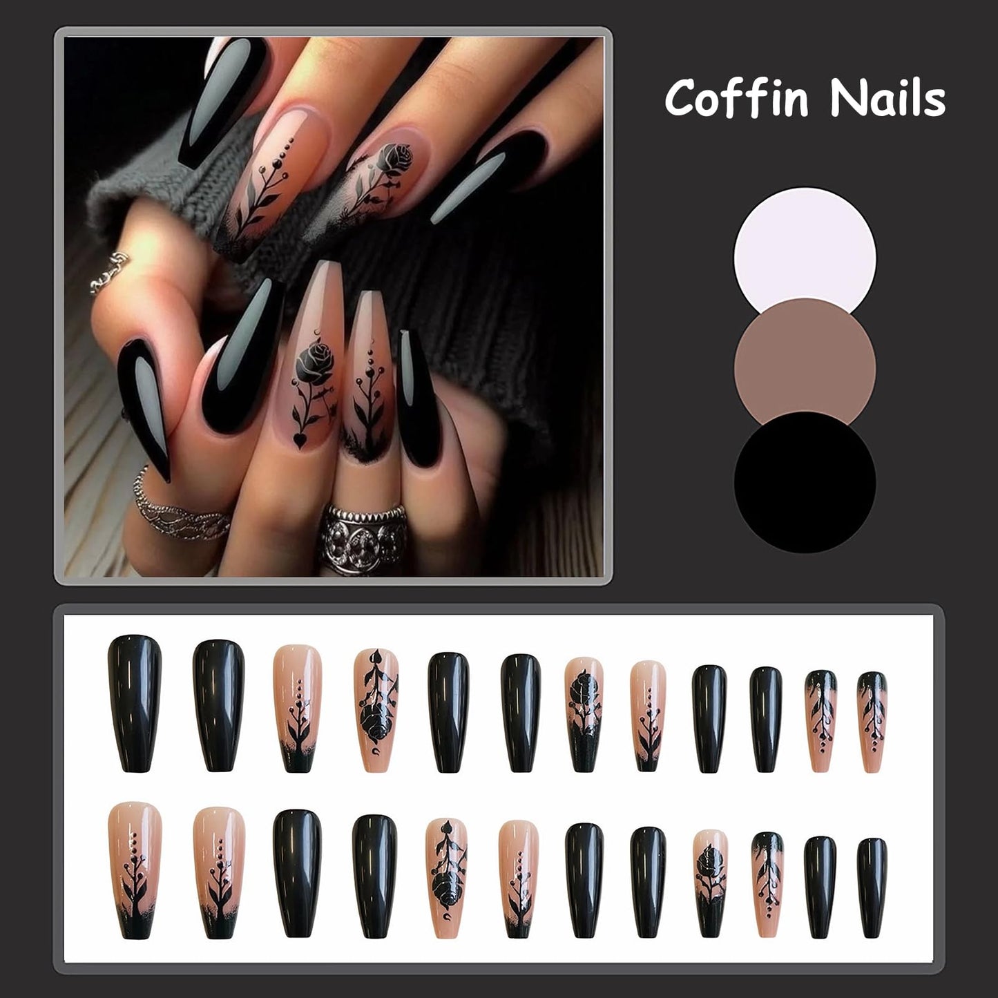 MISUD Press on Nails - Long Coffin Glue on Nails with Goth Black, Acrylic Gothic Rose Design 24 pcs