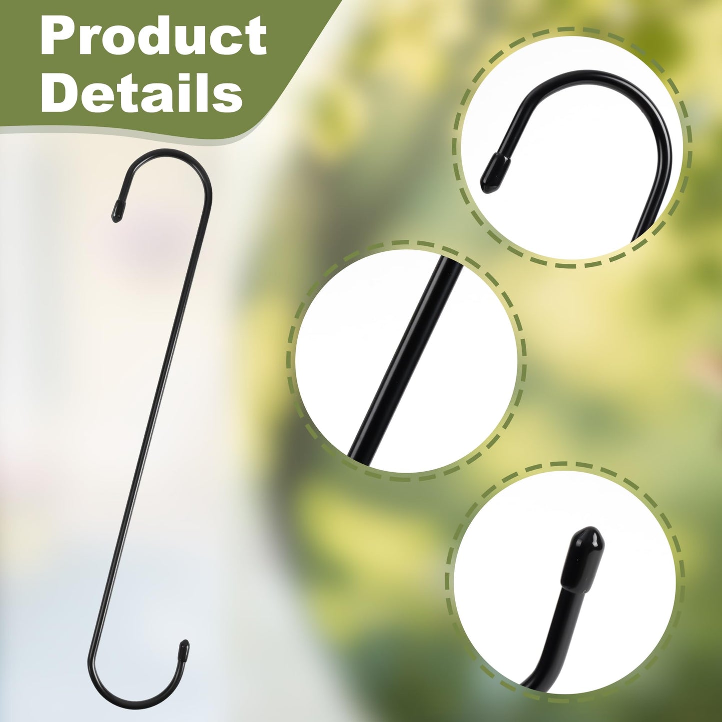 WWYICHEN 12 Inch Large S Hooks for Hanging Plants, Black Metal Heavy Duty Long Hook for Hanging Bird Feeder, Bird House, Clothes, Wind Chimes, Flower Basket, 2 Pack