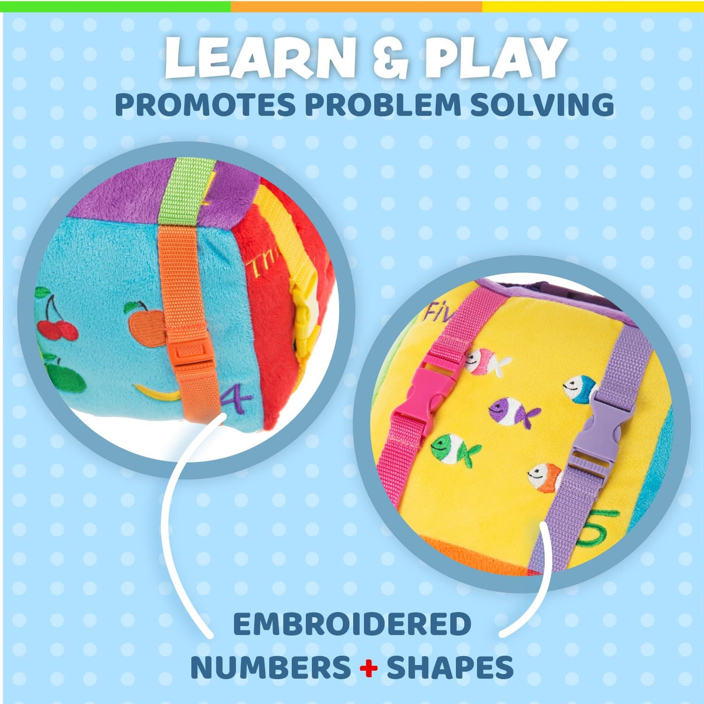 Buckle Toys - Bingo Cube - Toddler Plush Preschool Learning Activity Toy - Develop Fine Motor Skills - Counting and Math - Storage for Small Items