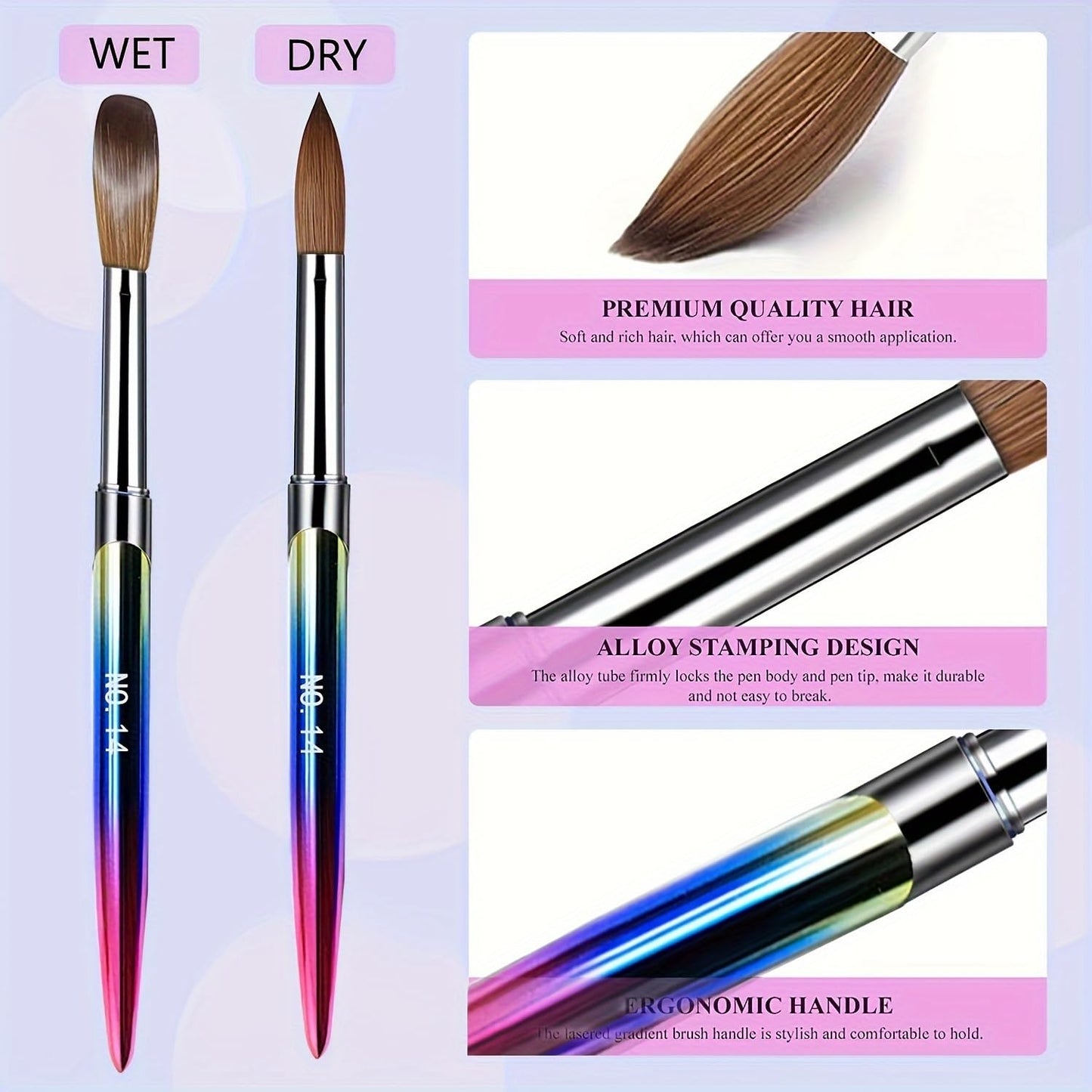 Acrylic Nail Brush Set, Size #10#14#16 Nail Sculpting Brushes with Dual-Ended Stainless Steel Nail Brush & Cuticle Pusher, Professional Manicure Kit for Acrylic Application & DIY Manicure