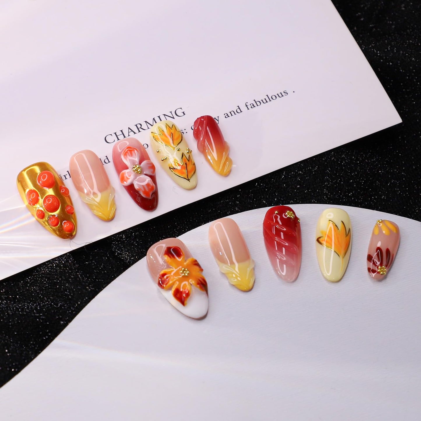 Handmade Press on Nails Fall Medium Almond Fake Nails Yellow Gradient Flower & Autumn Leaves Designs Full Cover Thickened Salon Quality False Nail French Acrylic Nails Stick on Nail for Women（Size M）