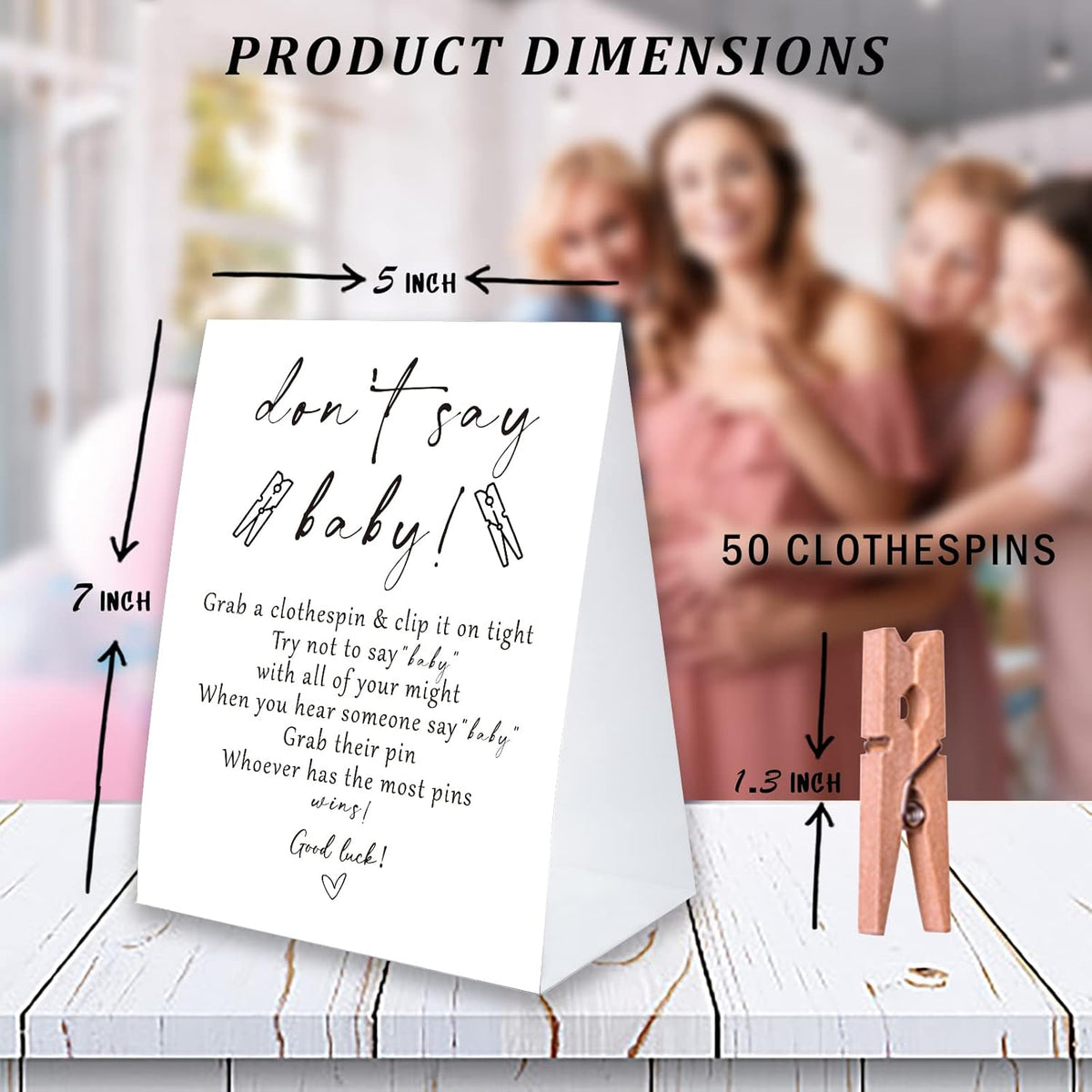 BEUFSE Don't Say Baby Game for Baby Shower Clothespin Game, One 5x7 Coated Paper Sign and 50 Natural Clothespins, Minimal Style, Gender Neutral -NDSBB08