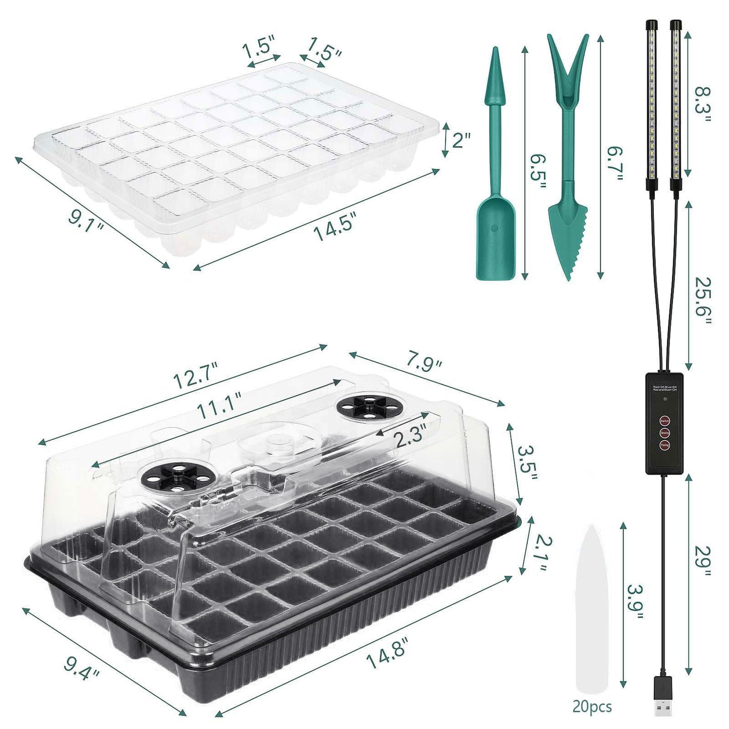 SZSJA Seed Starter Tray with Grow Light, 2 Packs 80 Cells Seed Starting Kit, Reusable Seedling Starter Trays with Humidity Dome, Plant Germination Trays for Indoor Seed Starter Kit, Black