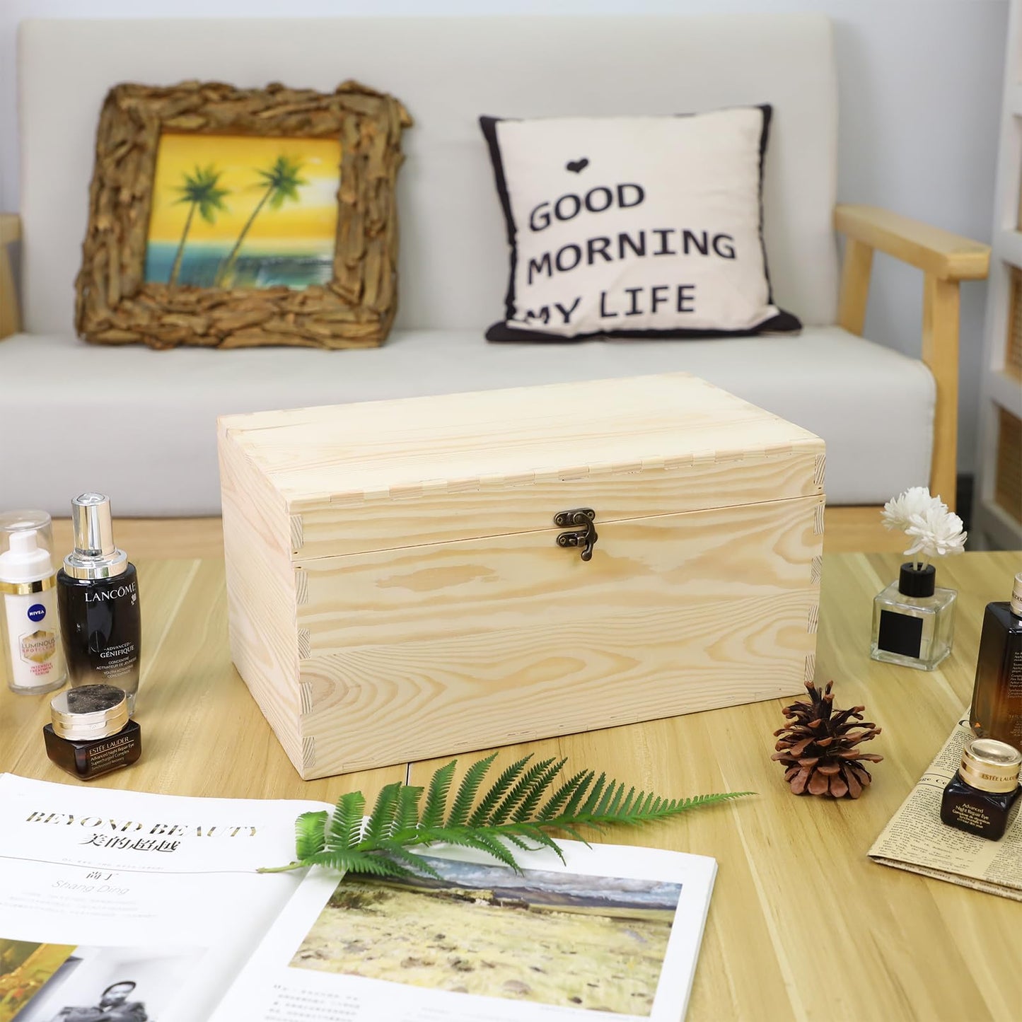 JJSQ Large Wooden Storage Box with Hinged Lid Rectangle Unfinished Unpainted Accessories Storage Wood Box for Crafts DIY Decoration Natural (13.8" x 7.9" x 7.1" IN)