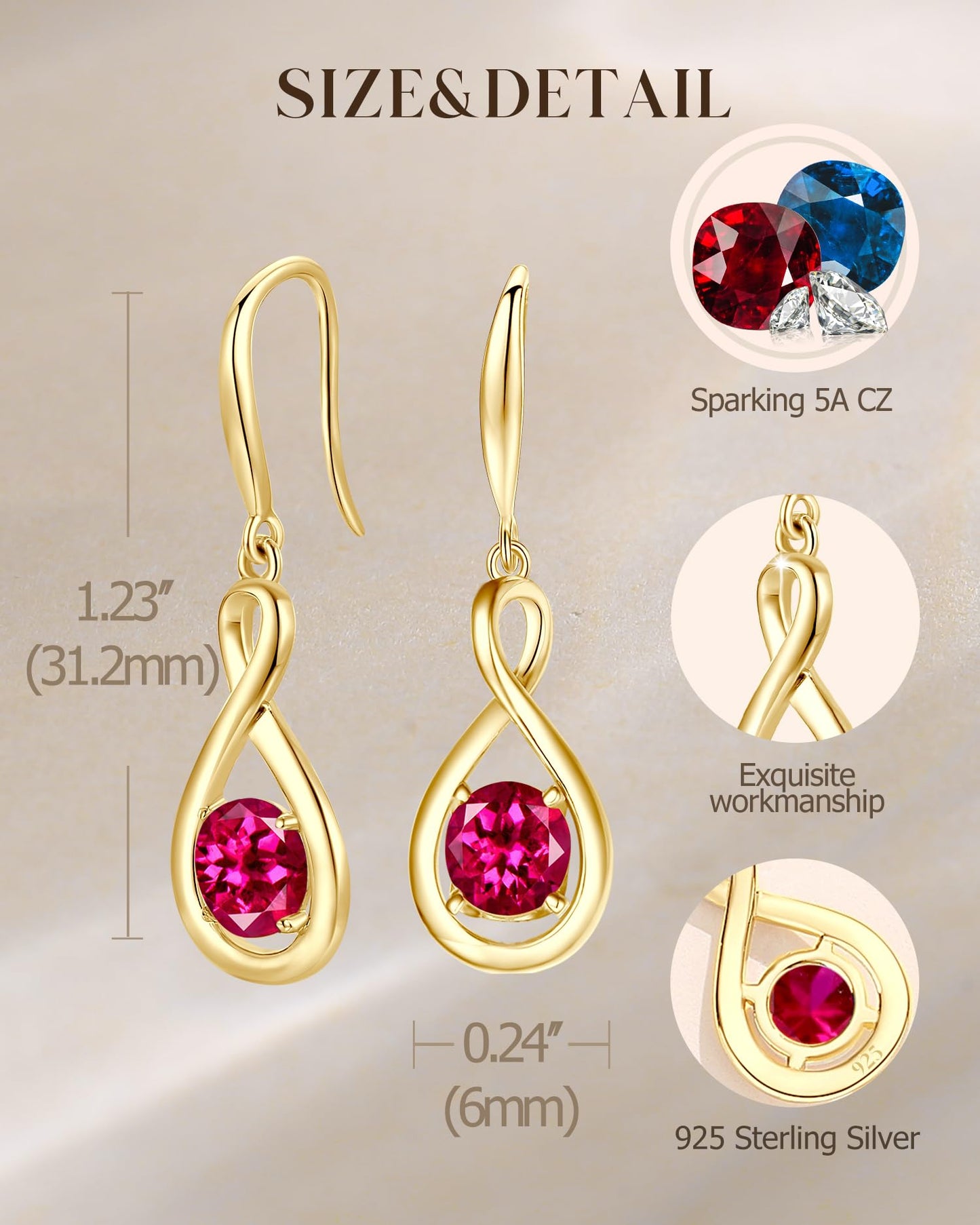 FANCIME Ruby Dangle Drop Earrings 925 Sterling Silver Yellow Gold Plated Dainty Infinity Red Gemstone July Birthstone Earring Fine Jewelry Birthday Mothers Day Gifts for Mom Her Women