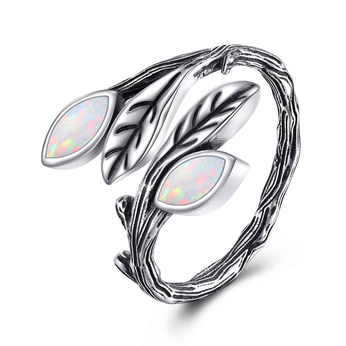 POPLYKE Leaf Opal Ring Sterling Silver Boho Adjustable Opal Spoon Ring Vintage Thumb Rings for Women
