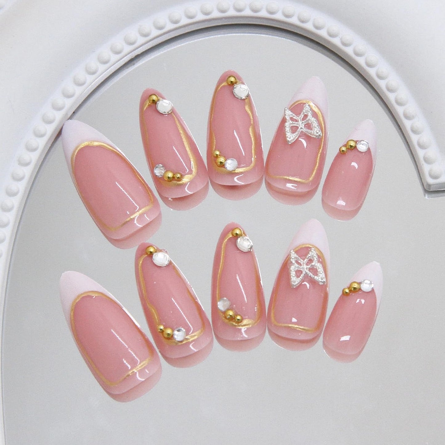 MISUD Press on Nails - Medium Almond Glue on Nails with White French Tip, Acrylic Gold Chrome Design 24 pcs