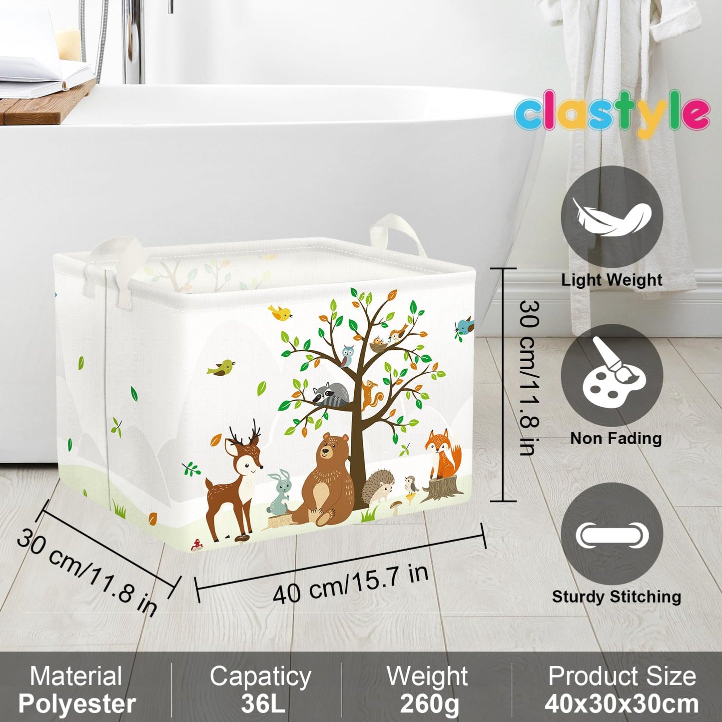 Clastyle Woodland Animals Bear Fox Raccoon Tree Baby Gift Storage Basket Large Deer Owl Collapsible Rectangular Shelf Basket Cute Clothes Towel Toy Book Storage Bin for Nursery