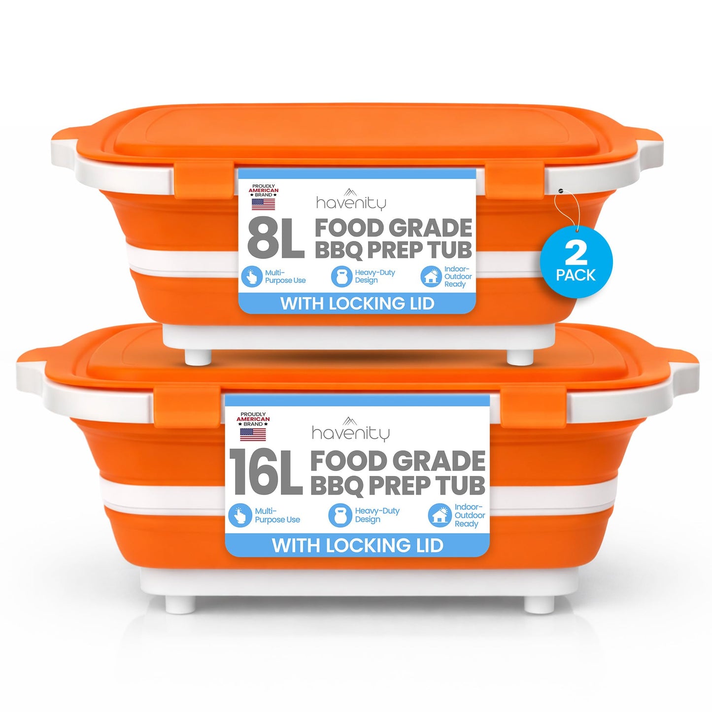 Havenity BBQ Prep Tub 2 Pack (8L+16L) - Multifunctional Collapsible Camping Cutting Board with Upgraded Locking Lid, Meal Prep Meat Storage Container Perfect for Grilling, Outdoor (Large + XL)