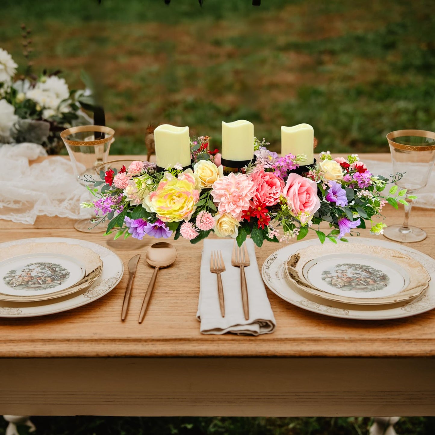 Svndlyn Candle Holder Centerpiece for Table Artificial Peonies Flowers,Rose Flowers and Morning Glory for Wedding Party Table Centerpieces Mixed Flowers Floral Arrangement Home Kitchen Decor