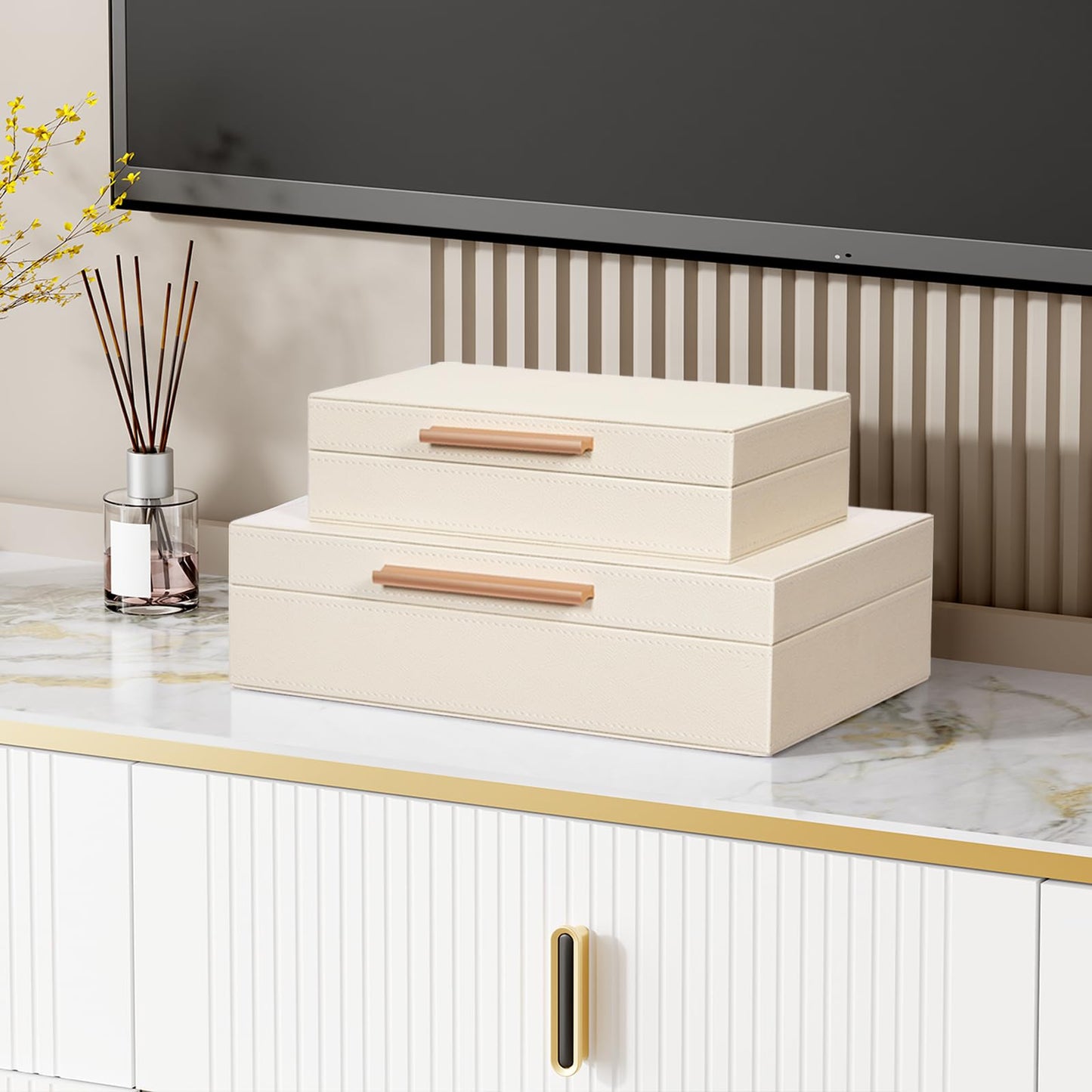 YUNSCEND Decorative Boxes with Lids 2-Set, Memory Box for Keepsakes, Saving Space, Beautiful PU Leather Keepsake Box, Decorative Storage Boxes with Gold Metal Handles Store Photos, Documents White