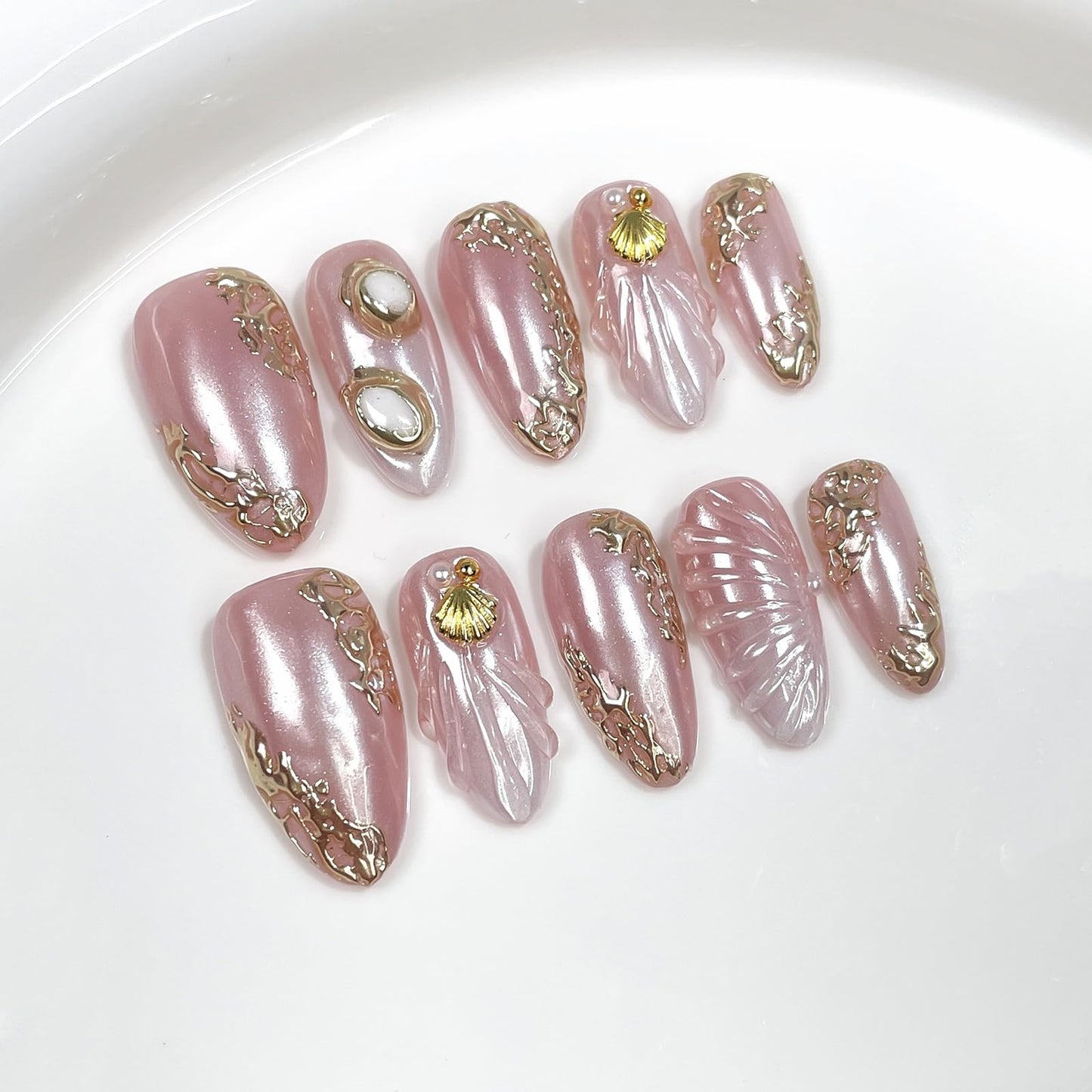 10Pcs Pink Almond Press on Nails Handmade Acrylic Press on Nails Medium Fake Nails with Seashell Pearl Design Summer Beach Nail Art 3D Handmade Nails Press ons Reusable Stick on Nail for Women (S)