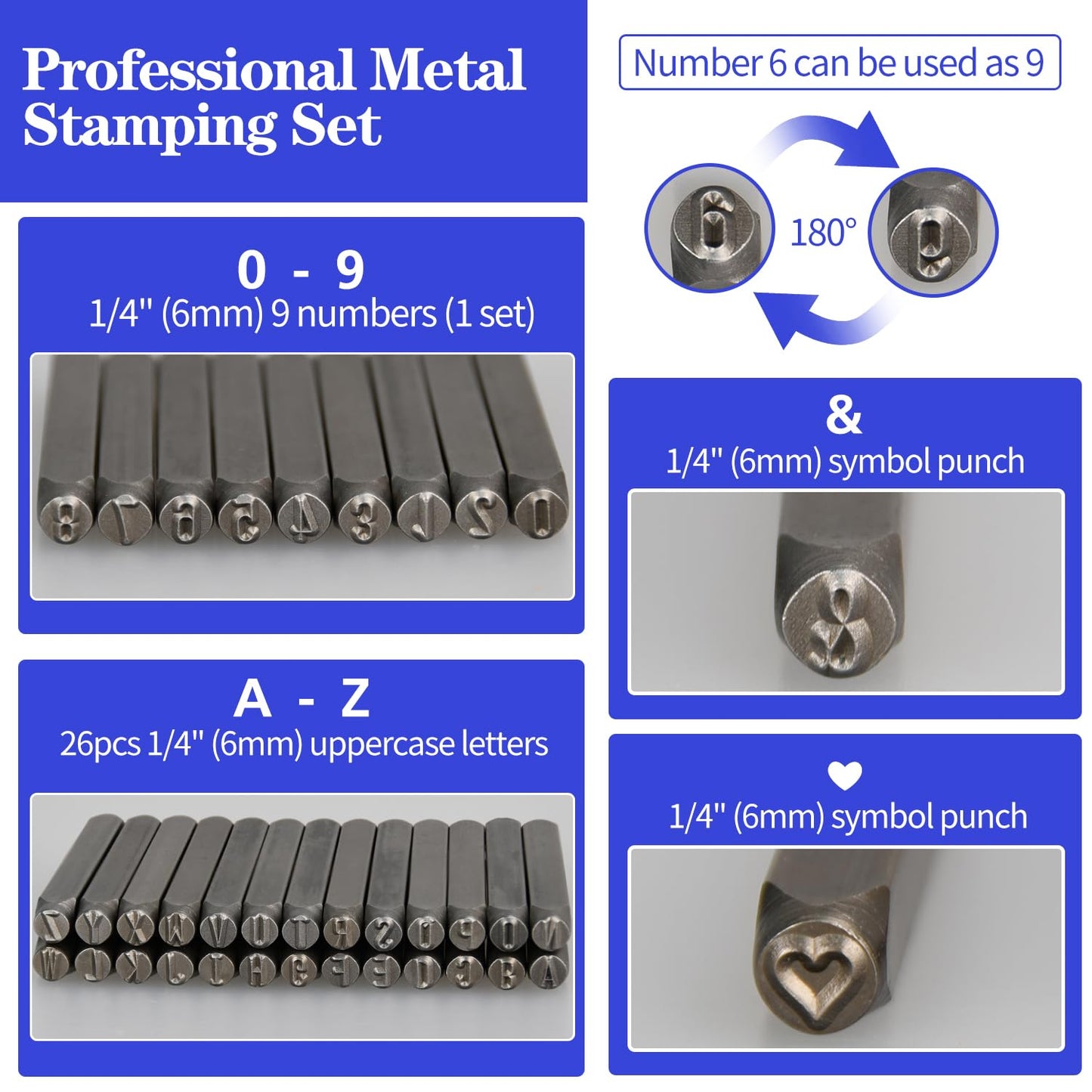 Metal Stamping Kit, 6mm Number and Letter Stamp Set, Include Artistic Font Uppercase, Number Punch and Heart Design Stamp