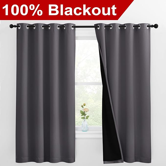NICETOWN 100% Blackout Curtains with Black Liners, Thermal Insulated Full Blackout 2-Layer Lined Drapes, Energy Efficiency Window Draperies for Bedroom (Grey, 2 Panels, 55-inch W by 68-inch L)