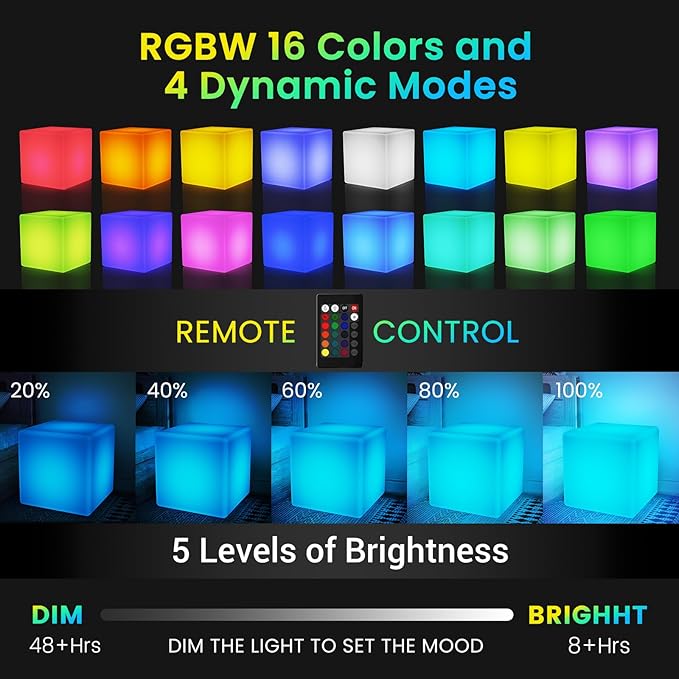 LOFTEK 20-inch LED Lighted Cube Table, Large Cube Chair Light, 16 RGB Colors Glowing Cube Seat w/Remote Cordless, Rechargeable, Waterproof, Home Outdoor Patio Pool Bar Stage Party Lighting Decoration
