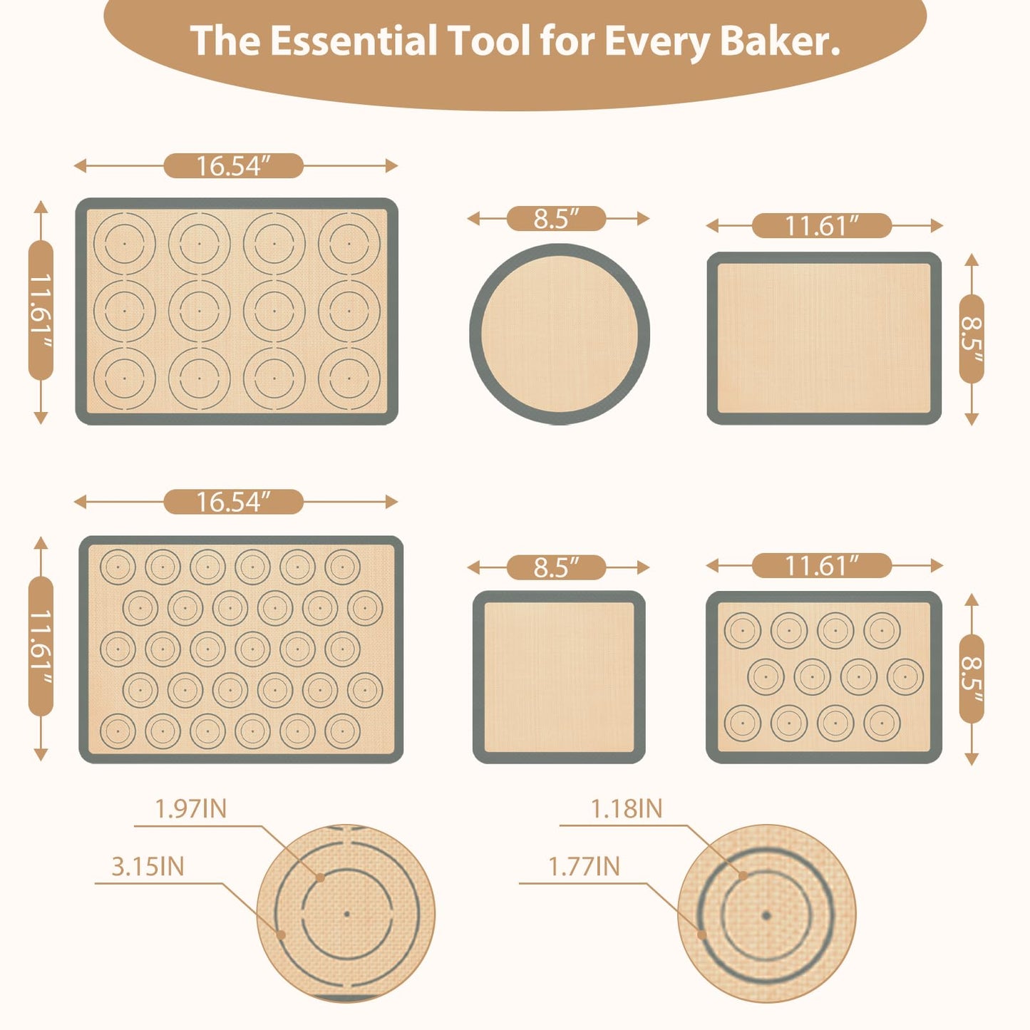 Silicone Baking Mat Set of 6, Silicone Mats for Baking, Baking Sheets Non Stick for Macaron, Cookie, Pizza, Bread and Pastry, Baking Supplies for Oven, Food Grade Reusable