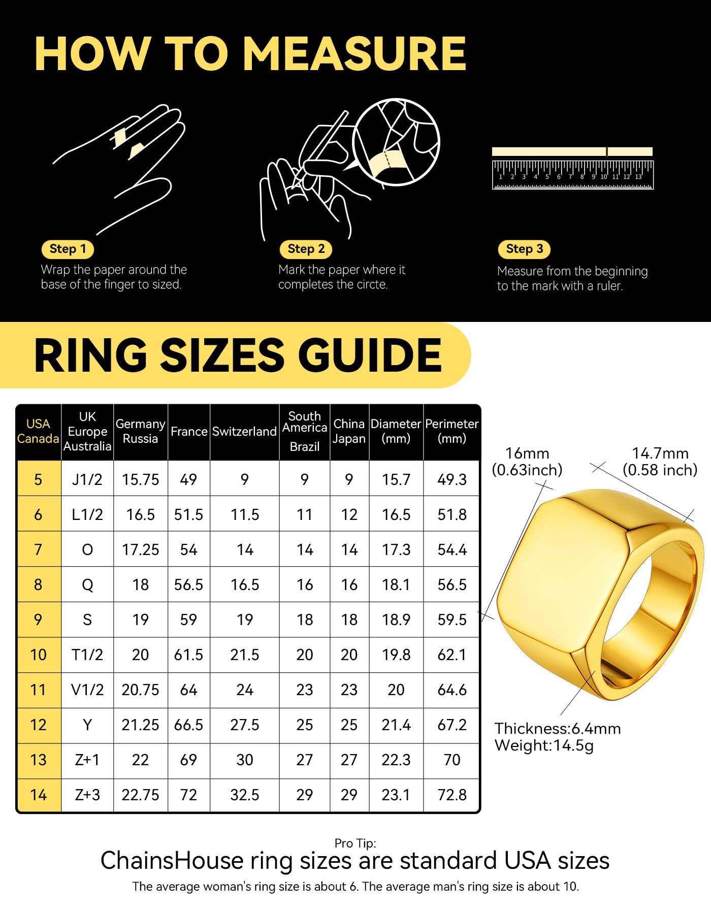 ChainsHouse Signet Biker Rings Solid Polished 18K Gold Cool Finger Ring for Men, Size 7