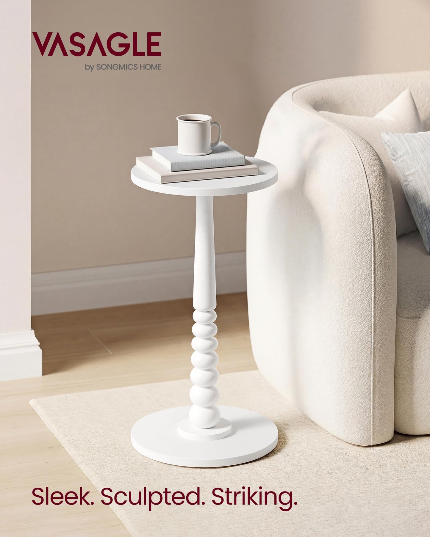 VASAGLE MARIEL Collection - Round Side Table, Small Drink End Table for Small Spaces, Accent Nightstand, Solid Wood Leg, Mid-Century Modern, for Living Room Bedroom, Cloud White ULET293WB02S