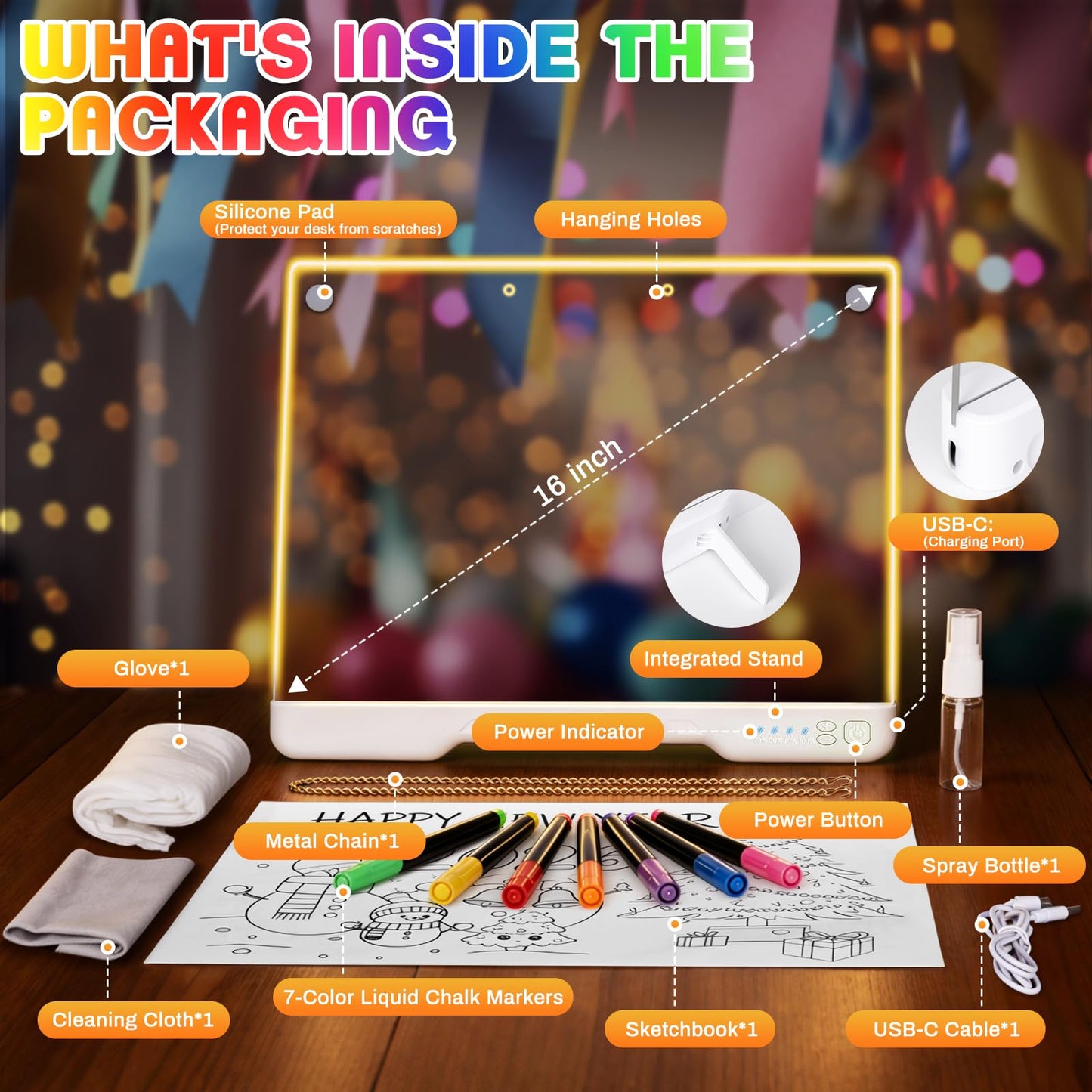 ZUCYDY 16-Inch LED Drawing Board for Kids, Rechargeable Doodle Glow Board with 7 Light Modes & Built-in Stand, Dry Erase Note Board, Great Art Gift for Boys and Girls