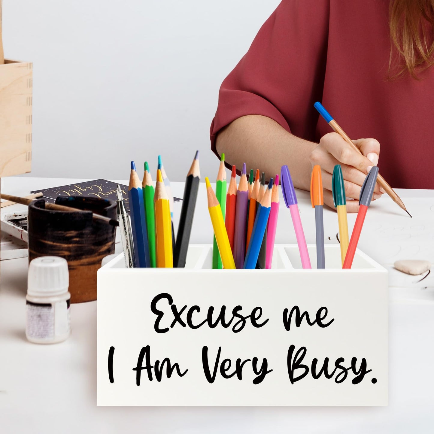 QZQE Funny Pen Pencil Holder Organizer for Desk, Funny Office Decor, Excuse Me I Am Very Busy Wooden Box Signs Decorations for Home Workplace Office Desk Tabletop