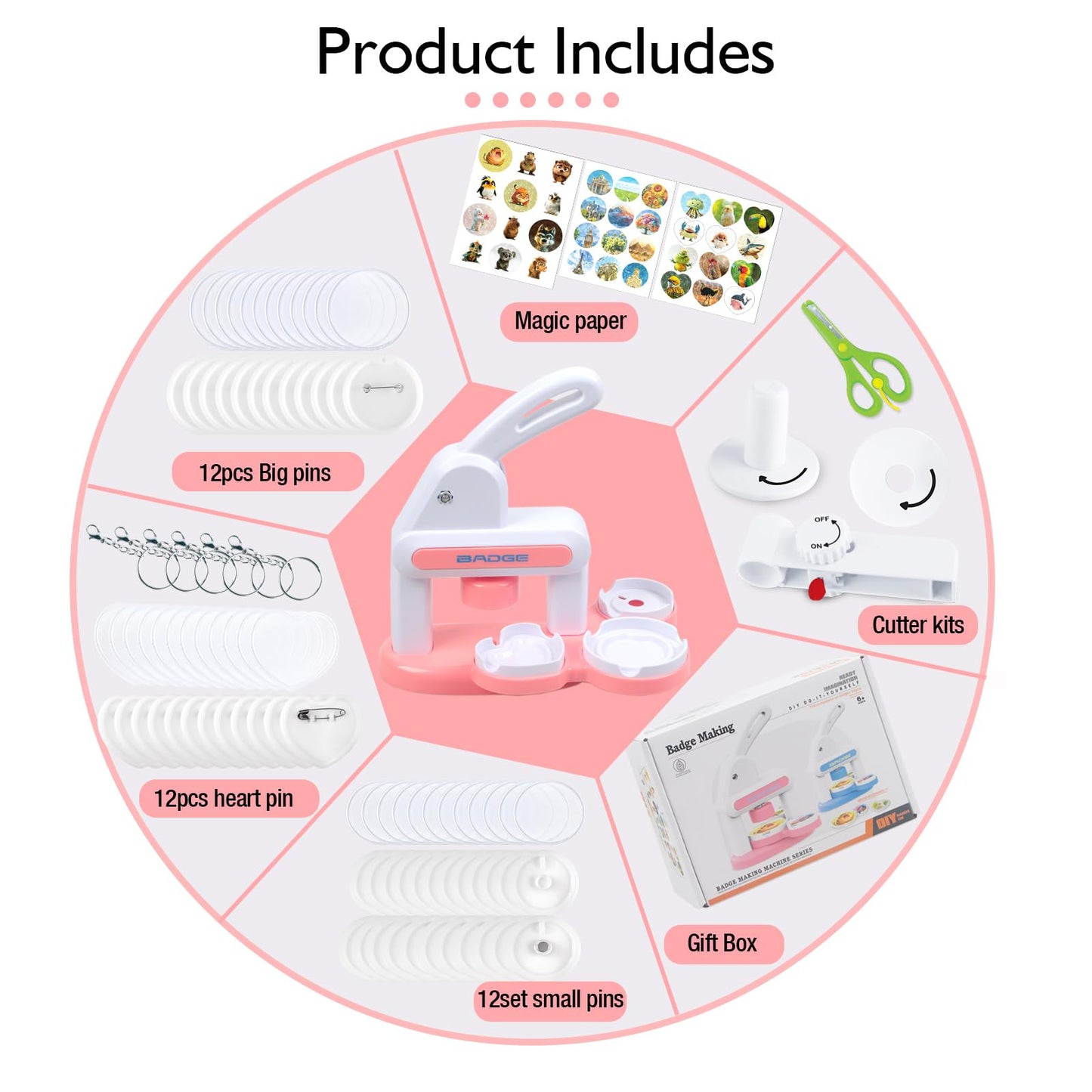 3-In-1 Badge Maker Machine,Upgrade No Assembly Required Button Maker Artist with 86 Sets Parts,DIY Pin Maker Press Machine Badge Punch Kit Present for Kids and Adults,Pink (Multiple Sizes Supported)
