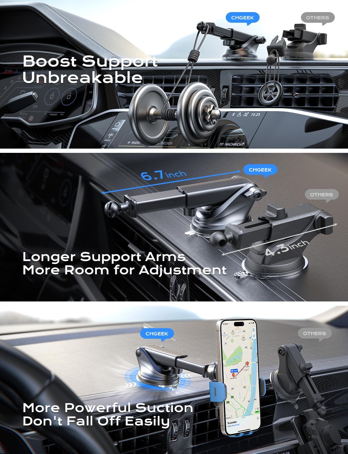 CHGeek Wireless Car Charger, 15W Fast Charging Auto Clamping Car Charger Phone Mount Phone Holder fit for iPhone 15 14 13 12 11 Pro Max Xs, Samsung Galaxy S25 Ultra S24 S23 S22, S21, S20, Blue