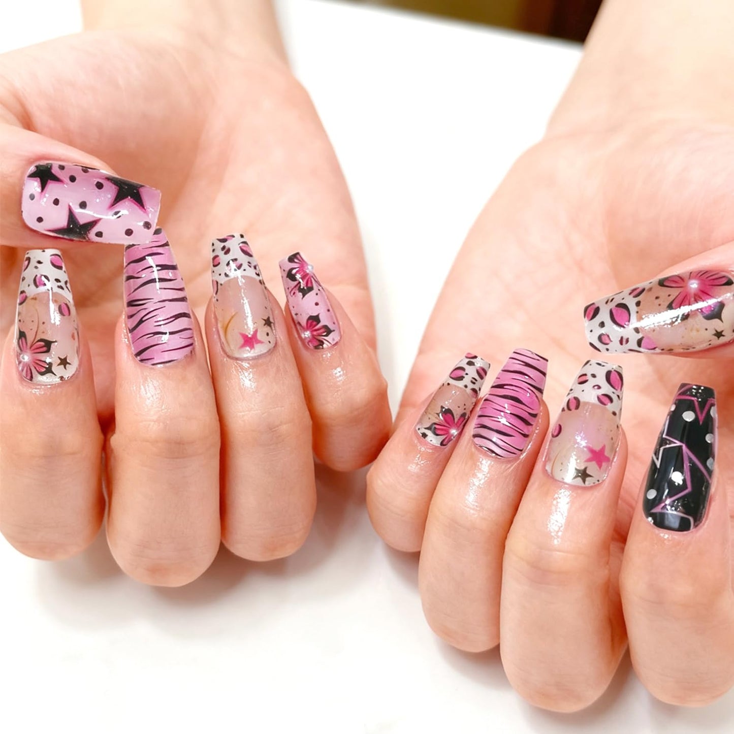30Pcs Medium Press on Nails Square Fake Nails with 3D Pearl-decorated Y2K Style Five-Pointed Star Zebra Stripe Flower Design Glossy False Nails French Nail Tips Cute Stick on Nails for Women