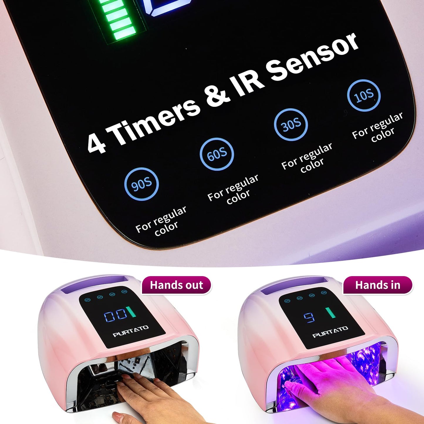PURTATO Professional Rechargeable 96W UV LED Portable Cordless UV Light for Nail Lamp Machine with Removable Stainless Steel Bottom,4 Timer Setting and Smart Sensor Nail Dryer (Purple&Pink)
