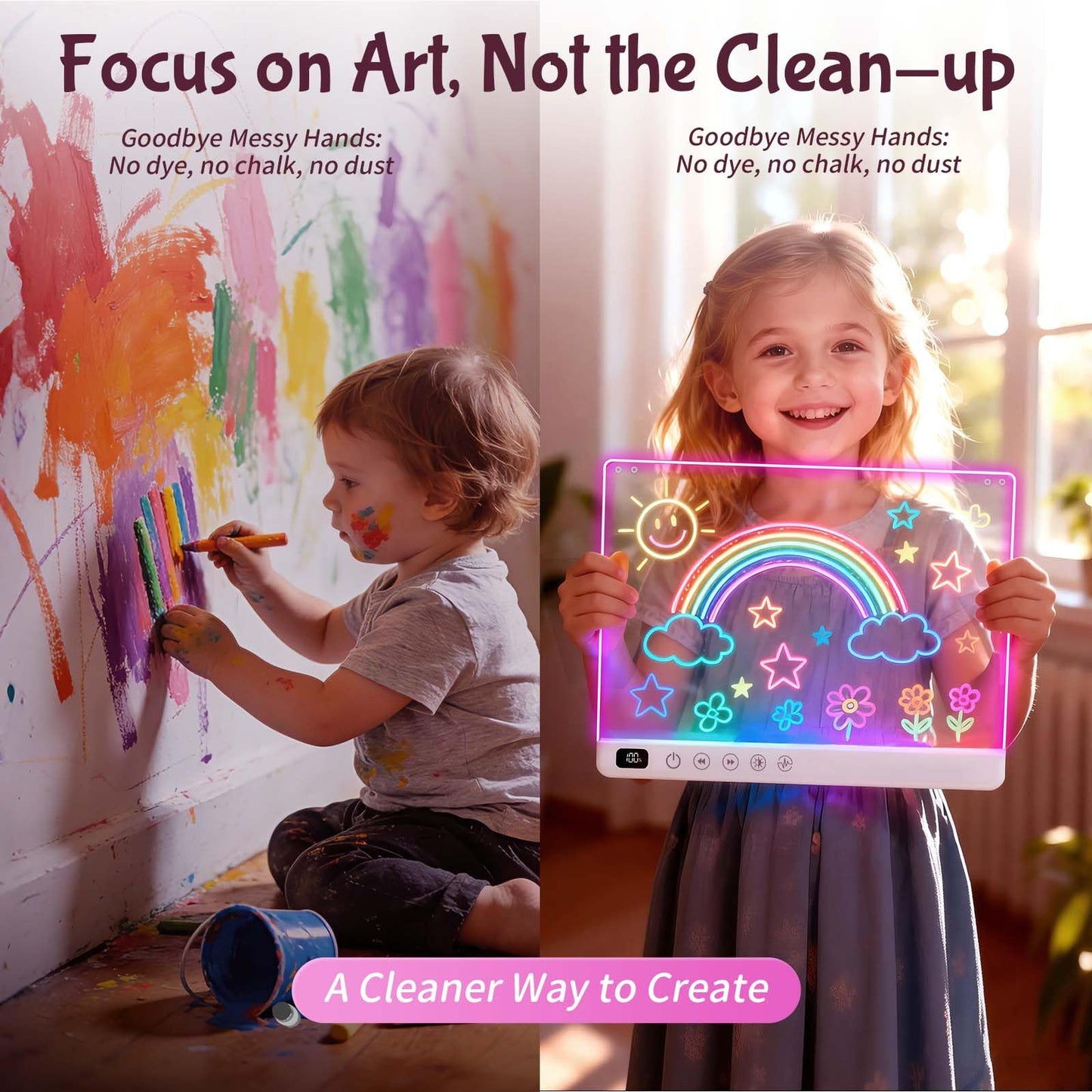 16" Rechargeable LED Drawing Board for Kids, Doodle LED Note Board with Colors, Neon Light Up Drawing Board with Markers&Tracing Paper, Creative Easter Birthday Christmas Gift Ideas