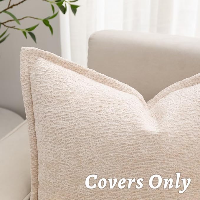 Beige Decorative Throw Pillow Covers 22x22 Inch Set of 2 Cozy Soild Chenille Cushion Cases Soft Textured Square Couch Pillows Cover Boho Accent Farmhouse Pillowcases for Sofa Bed