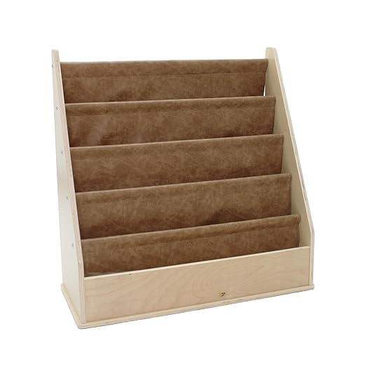 Factory Direct Partners Rustic Kid Birch Sling Book Display; Distressed Faux Leather 4-Shelf Storage for Books or Magazines; Furniture for Bedroom, Playroom, Daycare or Classroom - Pecan, 13745-321