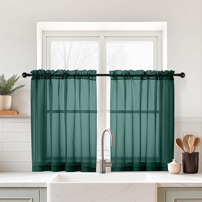 Green Small Sheer Curtains 2 Panels Set, Kitchen Curtains 36 Inch Length, Elegant Light Filtering Short Window Drapes for Living Room Bedroom, Dual Rod Pocket, Hunter Green, 2x42Wx36L Inches