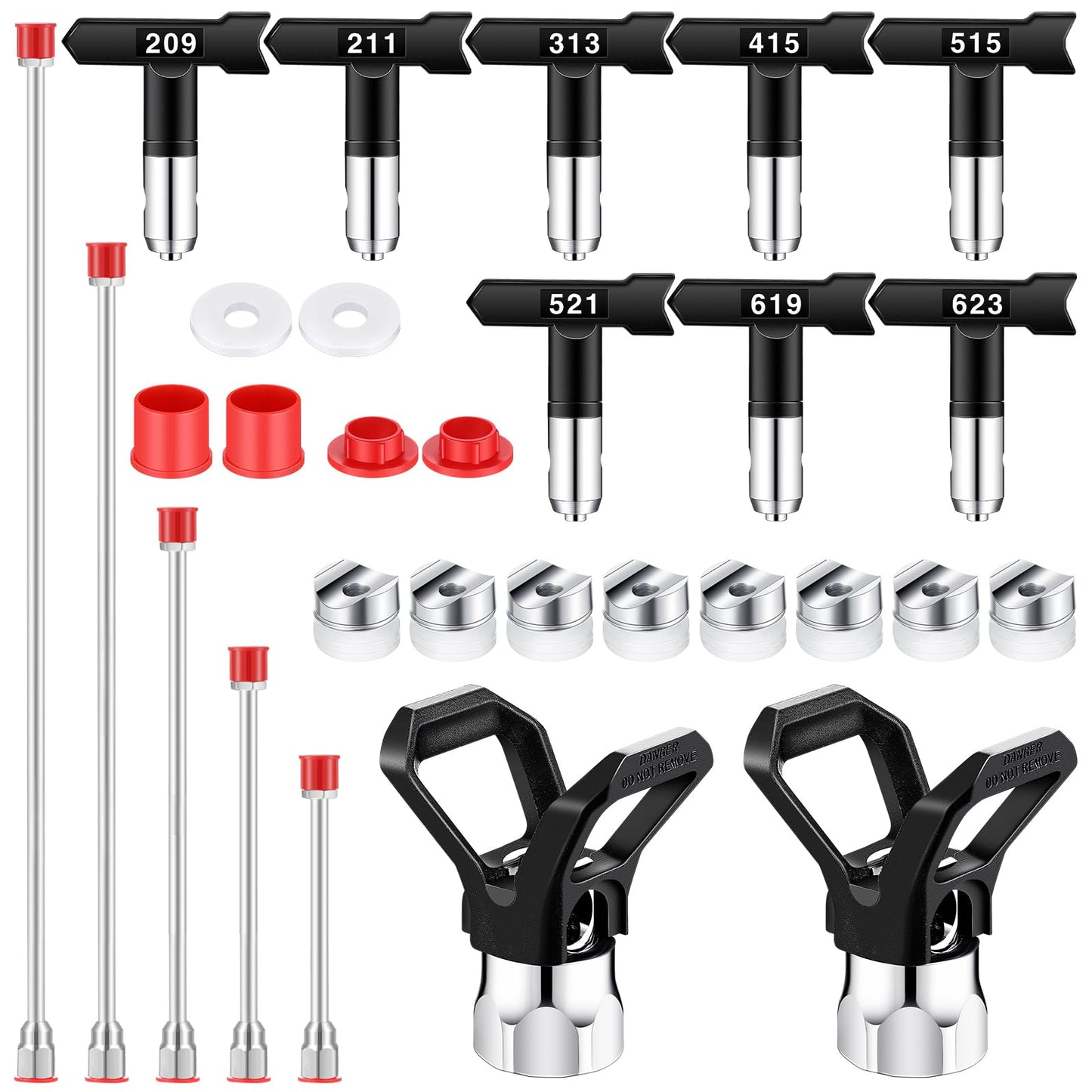Lanties 15 Pcs Airless Paint Sprayer Accessories Included 8 Pcs Reversible Airless Sprayer Tips, 2 Pcs Nozzle Tip Guard and 5 Pcs Airless Paint Sprayer Gun Extension Wand with Red Guard Pole Rod