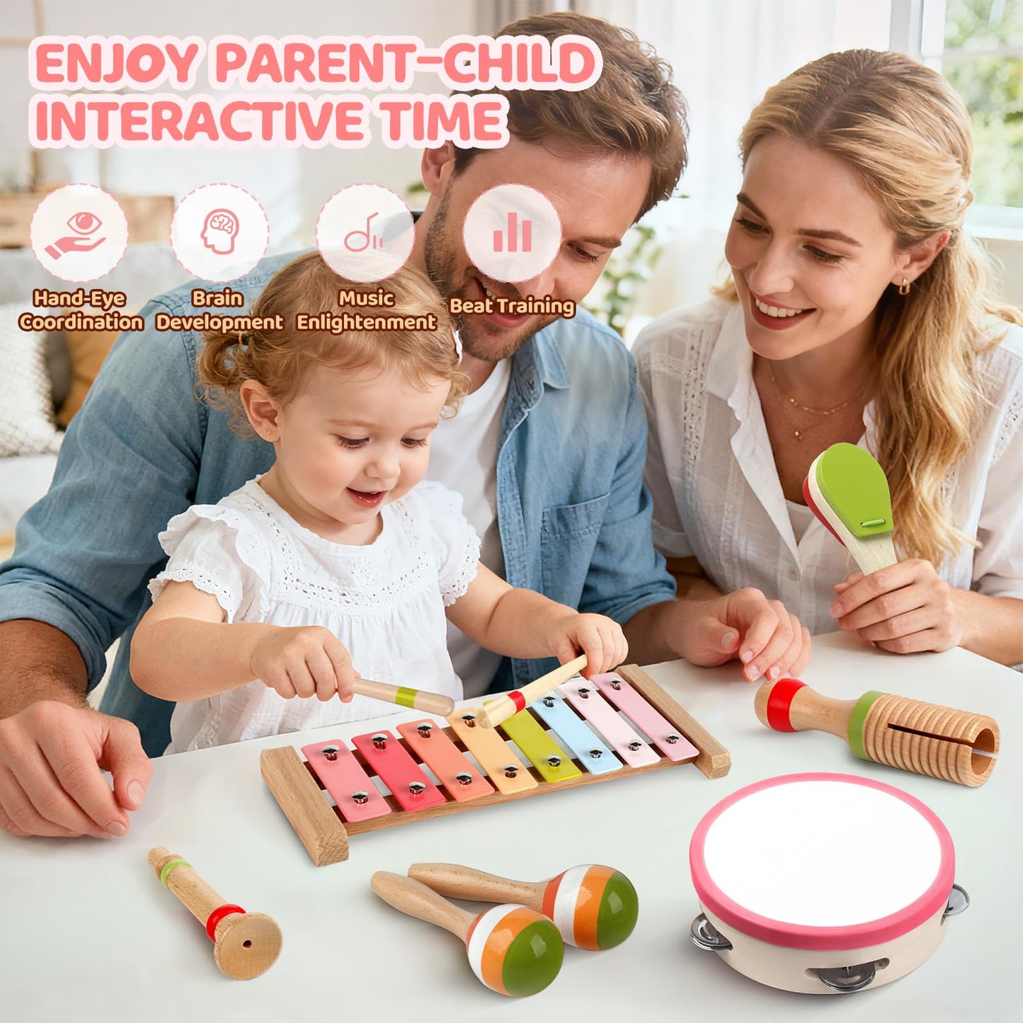 Baby Musical Instruments - Montessori Wooden Musical Toys for Toddlers 1-3, Xylophone Maracas Tambourine Percussion Set, Kids Preschool Music Learning Toys, Educational Birthday Gifts (Rainbow)