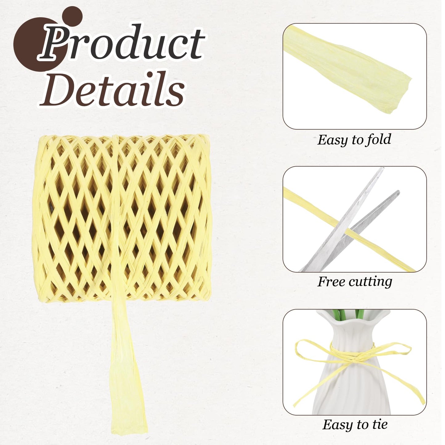 MECCANIXITY Light Yellow Raffia Ribbon, 219 Yard Natural Raffia Paper String 4mm Wide Packing Paper Twine Rope for Gift Wrapping DIY Crafts Crocheting Knitting Holiday Decoration