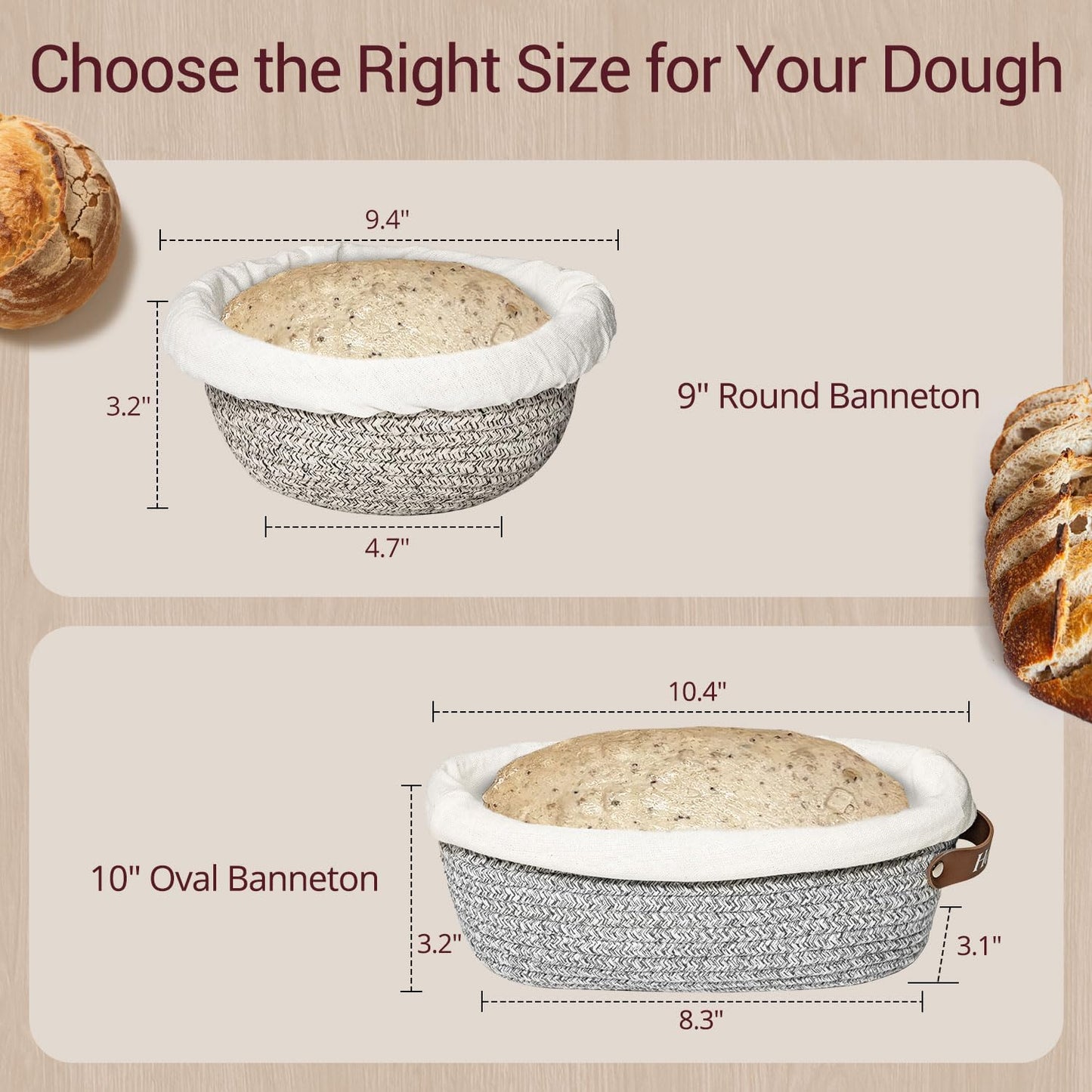 Sourdough Proofing Basket - Banneton Bread Proofing Basket, 9" Round & 10" Oval Cotton Rope Banneton Basket Set with Liners & Covers for Bread Baking