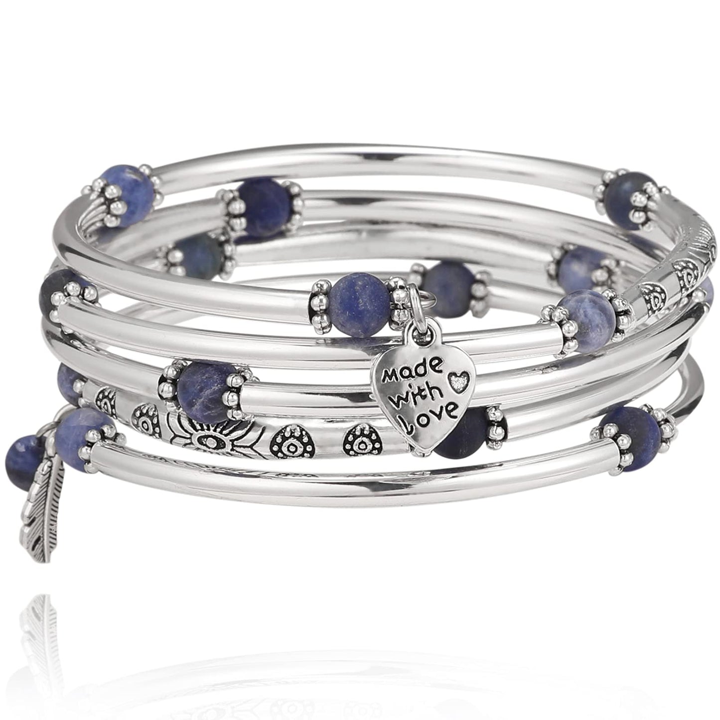 FULU AUTUMN Beaded Bangle Bracelets for Women Silver Wrap Bangles Bracelet Womens Costume Jewelry Fashion Gift(Blue)