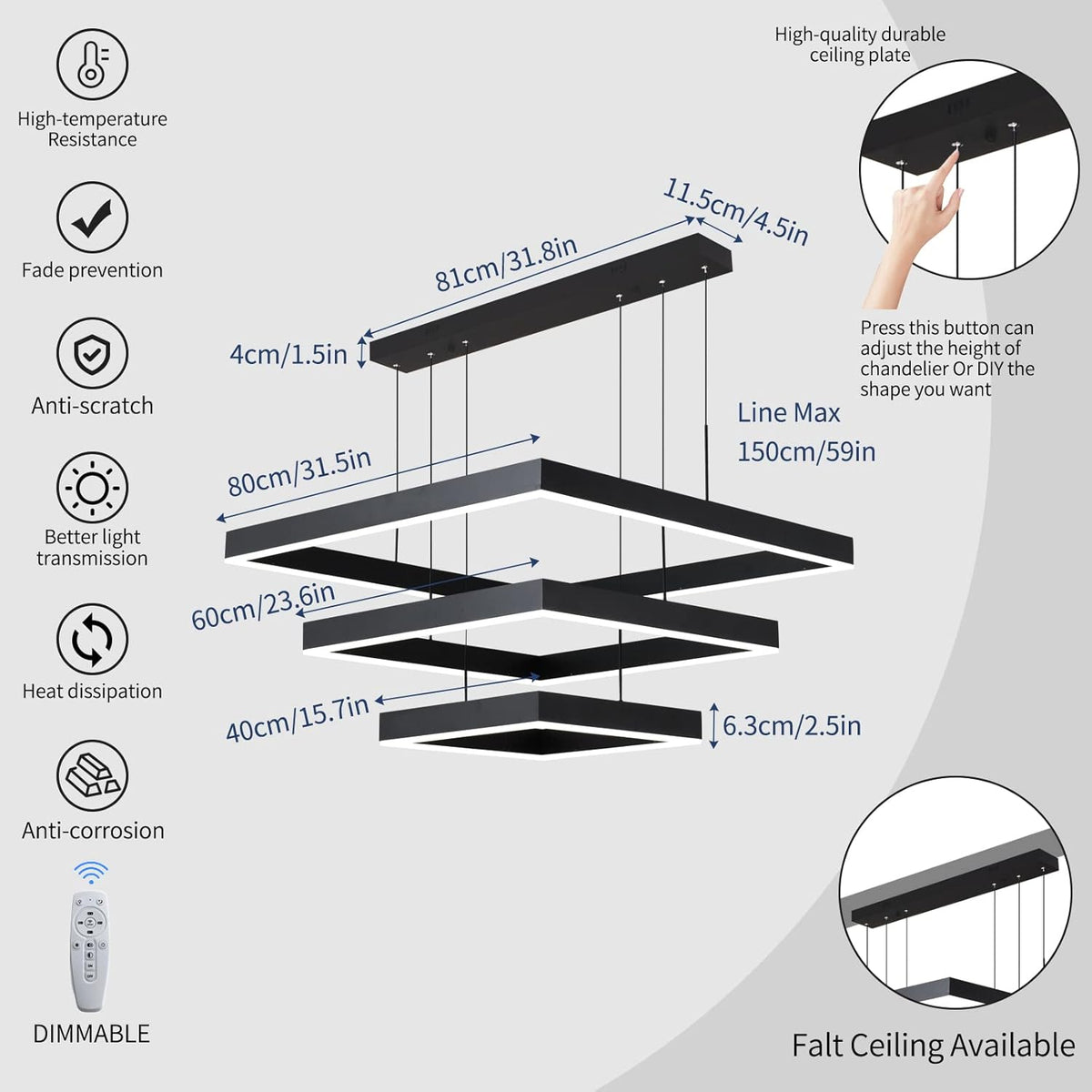 Modern LED Square Chandelier, 3 Ring Dimmable for Living, Dining, Bedroom & Foyer - High Ceiling Hanging LED Pendant Light Fixture (Black)