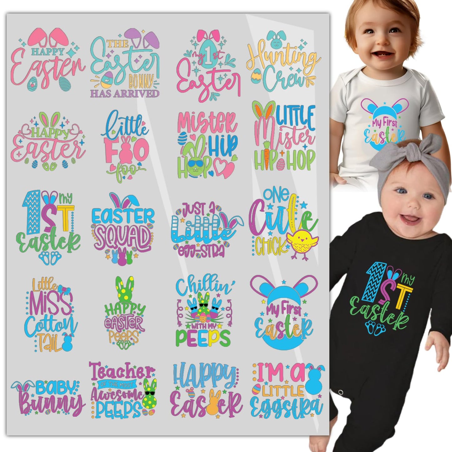 20 Sheets Baby First Easter Iron on Transfers - Cute DTF Transfer Ready to Press Onesie Decorating Kit Making Heat Patches Stickers for Bibs DIY Crafts T-Shirt Clothing