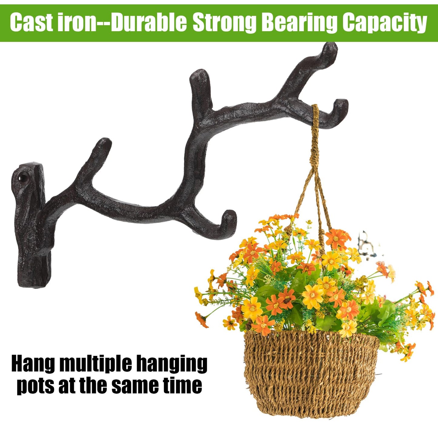 Blulu 2 Pcs 11'' Cast Iron Tree Branch Plant Hangers Decorative Metal Wall Bracket Hooks Wall Heavy Duty Home Storage Rack for Hanging Plants Pot Basket Lantern Wind Chimes Outdoor Indoor (Rust Brown)