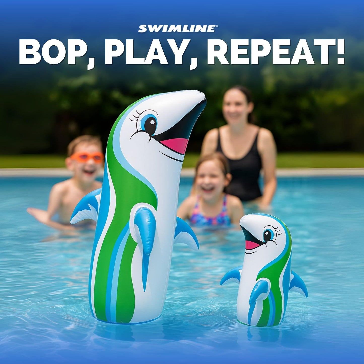 SWIMLINE Inflatable Bop Bag Pool Float – Fun Poolside Activity for Groups, Dancing Dolphin, Large 36"