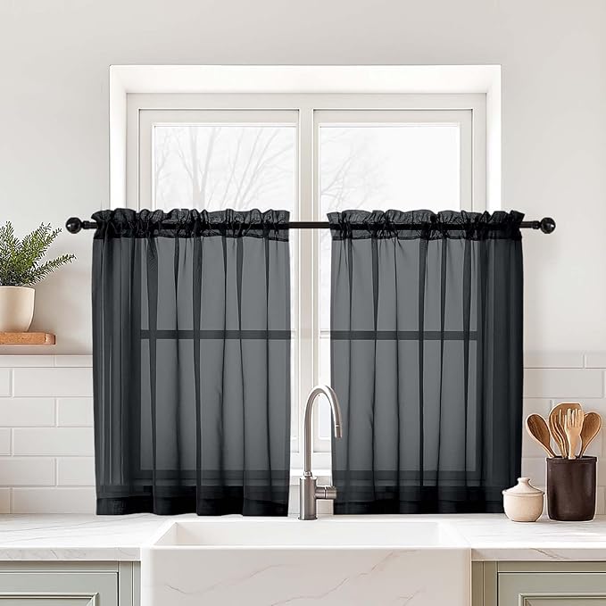 Black Small Sheer Curtains Tier 24 Inches Length 2 Pieces, Light Filtering Cafe Curtains Sheers for Living Room Bathroom, Modern Window Treatments Dual Rod Pocket Panels, 2X42Wx24L Inches