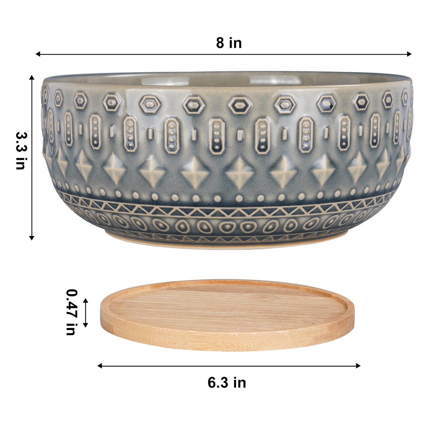 8 Inch Ceramic Succulent Planter Pots with Drainage Hole Flower Pot for Indoor Plants Round Shallow Bonsai Pot with Bamboo Tray Blue
