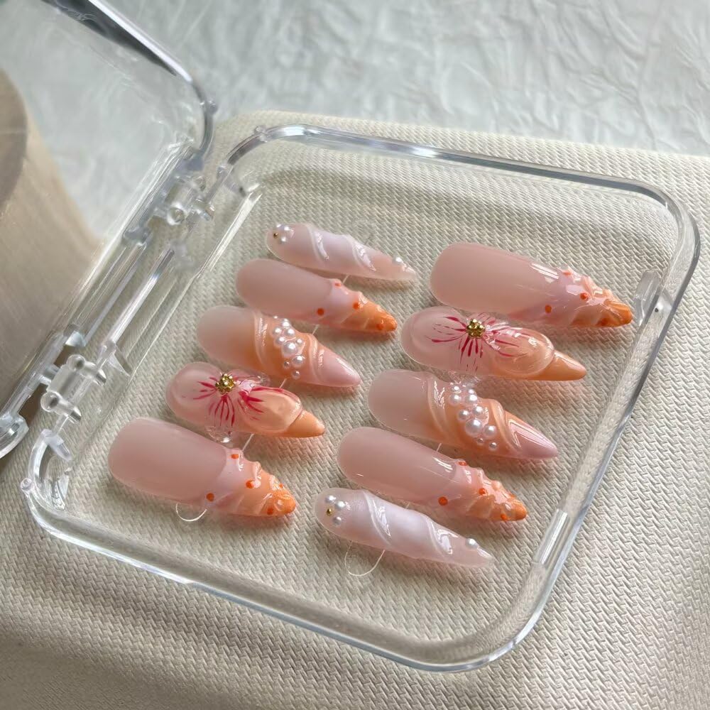 MAGLFELL Handmade Acrylic Long Almond Press On Nails, 3D Art Desigen False Nails for Women, Reusable ABS Material Fake Nails, 10 Pcs Almond Stick On Nails, DIY Nail Art At Home (Size M)
