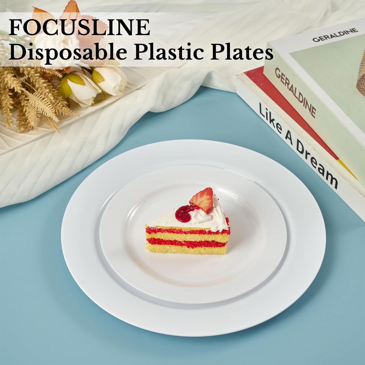 FOCUSLINE 100 Count White Plastic Plates 10 Inch, Disposable Heavy Duty Dinner Plates- Premium Hard Plastic Plates Fancy Disposable White Plates for Weddings, Parties and Events