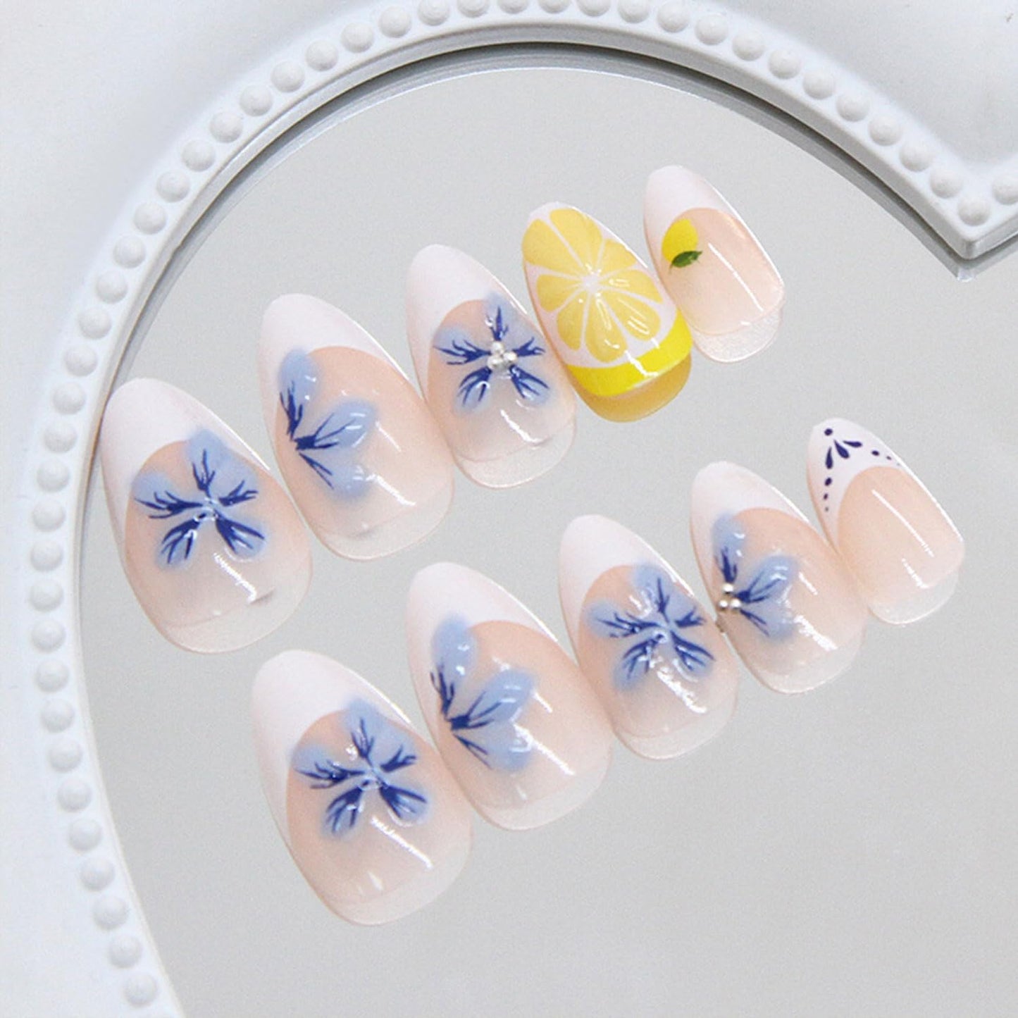 24 Pcs Almond Press on Nails Short Glossy Acrylic Fake Nails French False Nails with Cute 3D Fruit Flowers Design Nail Press ons Reusable Stick on Nails for Women