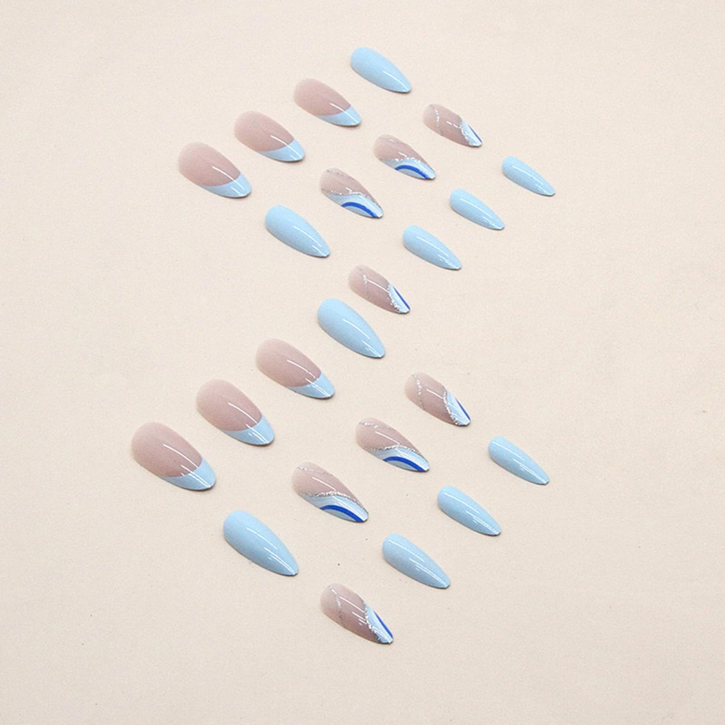 FJSMTOPl Blue Press on Nails Almond Fake Nails Press ons Medium False Nails with Designs Glitter Wave Acrylic Glue on Nails Artificial Stick on Nail for Women Manicure 24Pcs